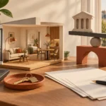 Illustration d’un appartement meublé miniature, de clés et d’une balance symbolisant les changements de fiscalité du LMNP.