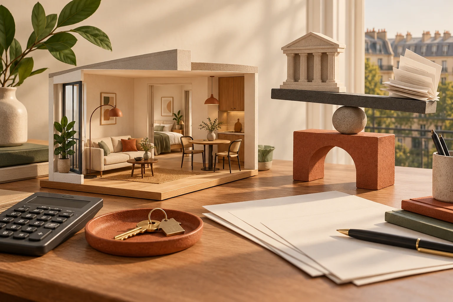 Illustration d’un appartement meublé miniature, de clés et d’une balance symbolisant les changements de fiscalité du LMNP.