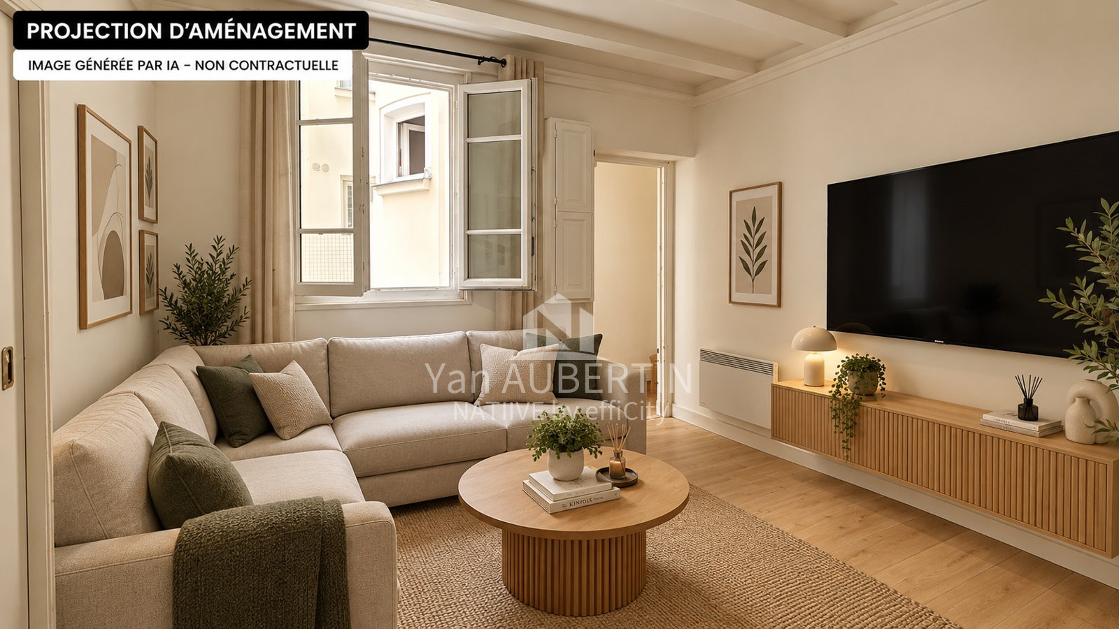 Paris 15e, appartement de 36 m² — Séjour · projection d’aménagement IA non contractuelle